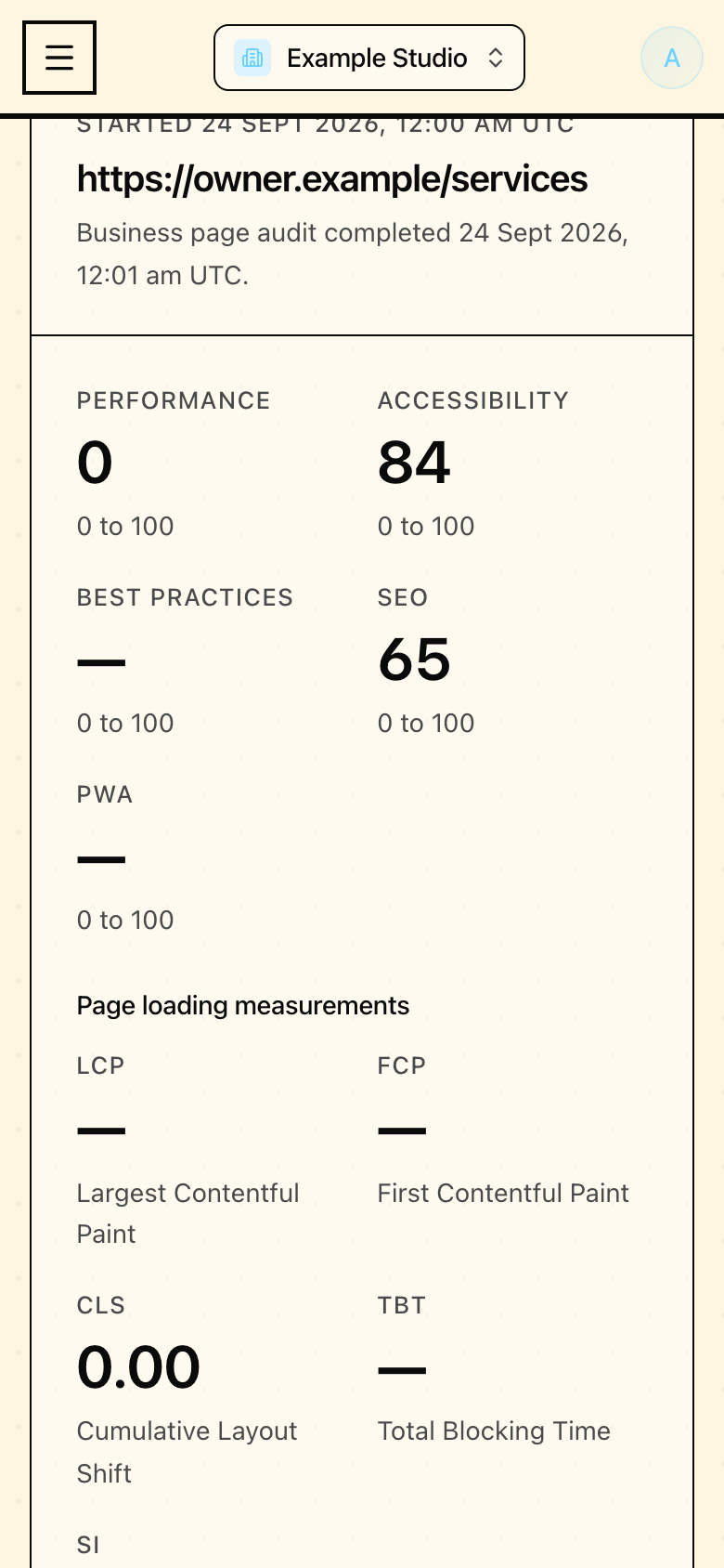 Audit history in Mapseen's mobile interface, with sample data