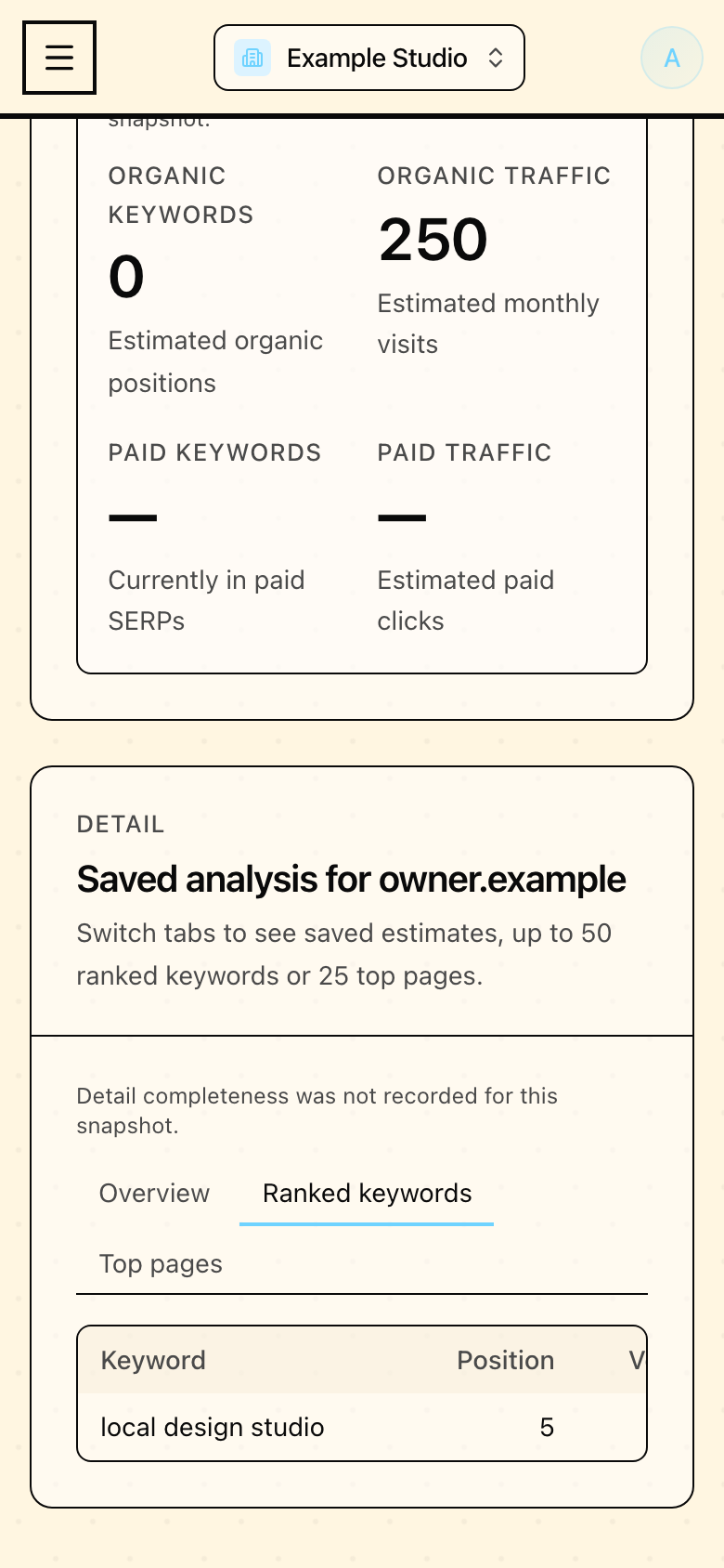 Domain details in Mapseen's mobile interface, with sample data