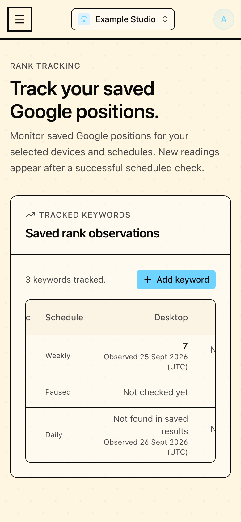 Rank observations in Mapseen's mobile interface, with sample data
