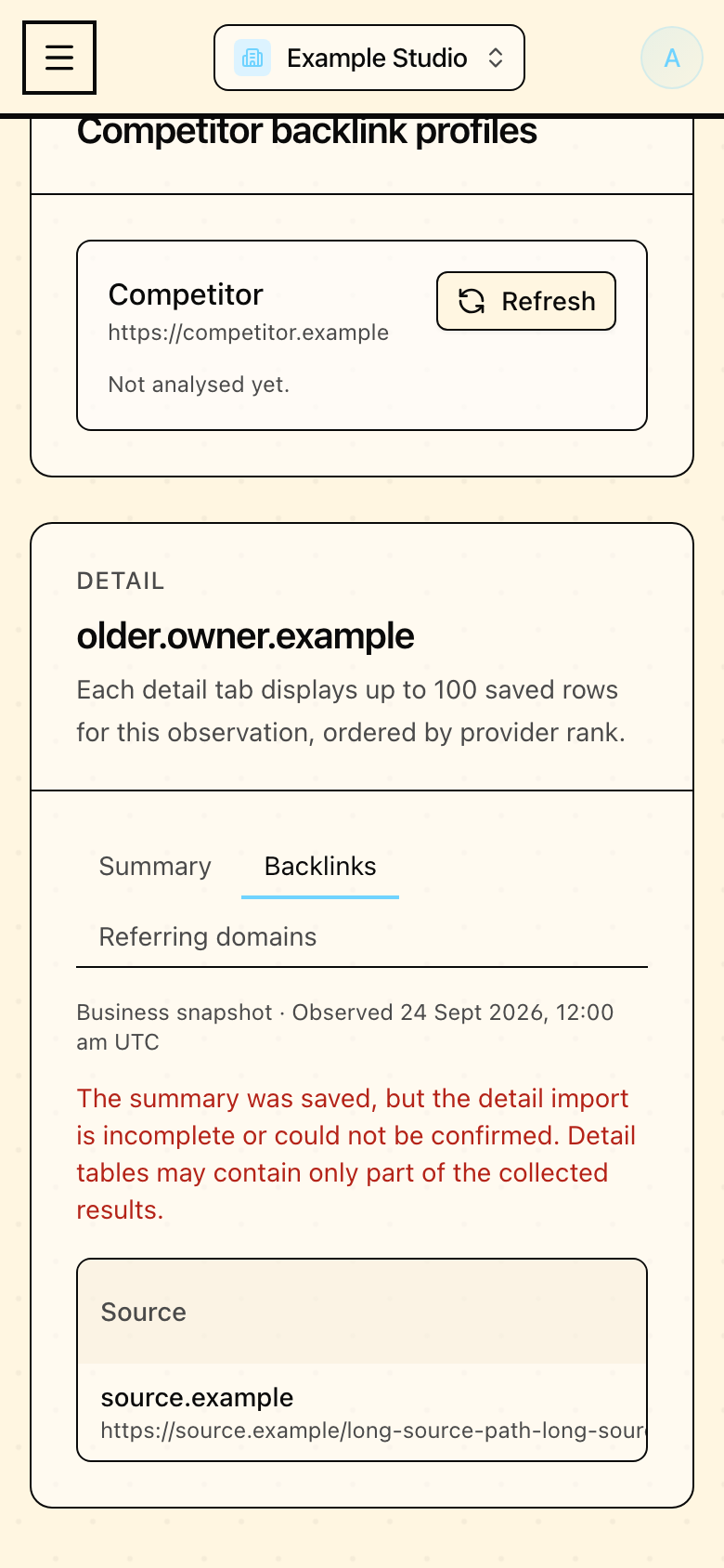 Backlink history in Mapseen's mobile interface, with sample data