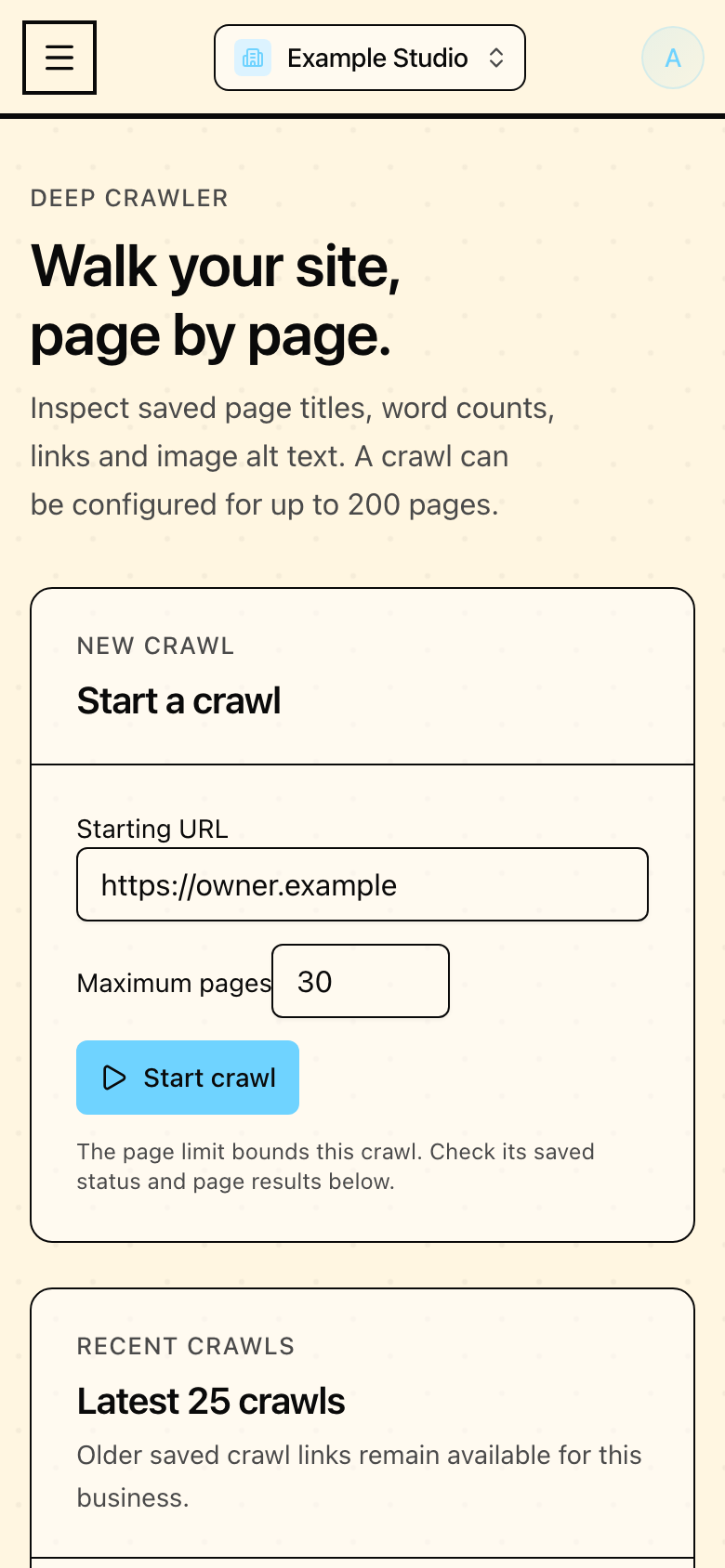 Crawler controls in Mapseen's mobile interface, with sample data