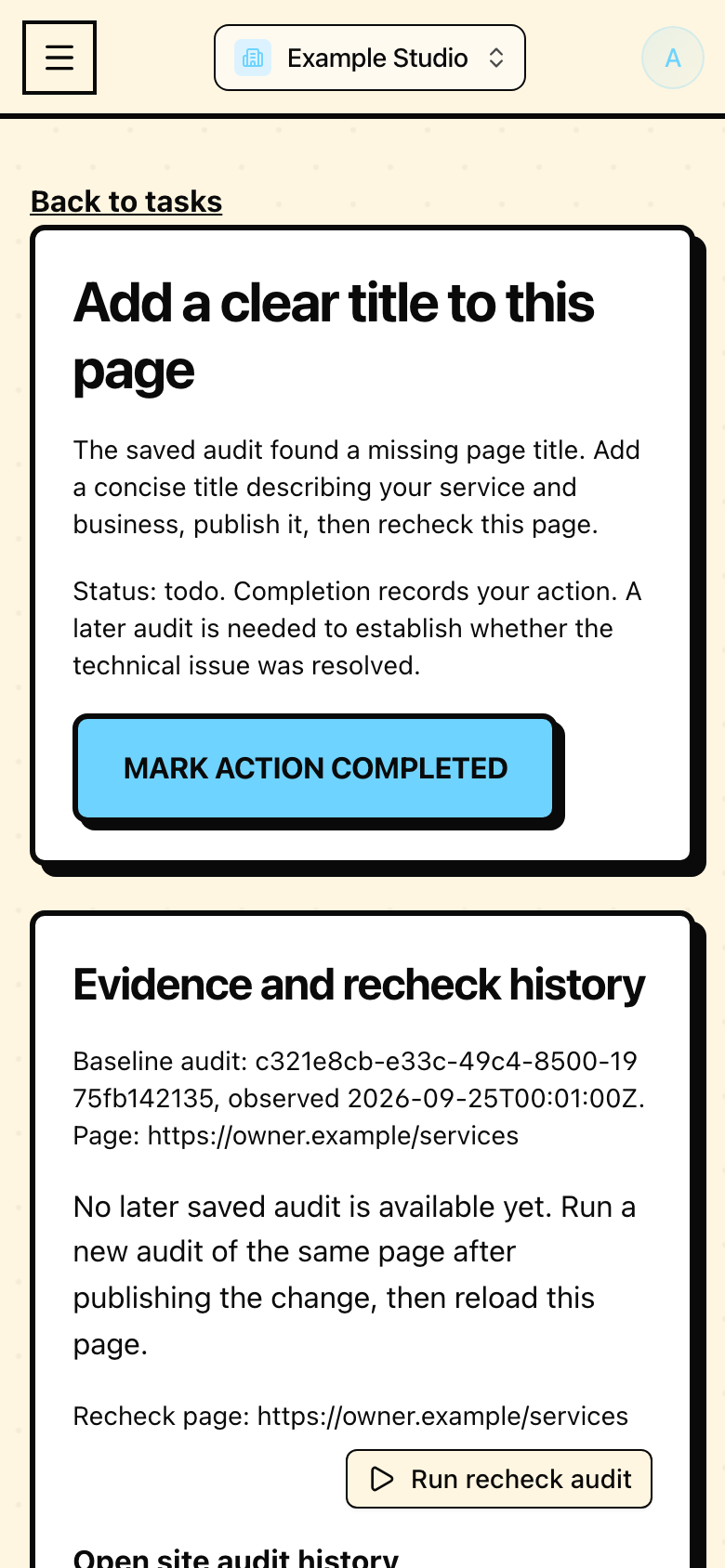 Saved audit action mobile preview with sample data