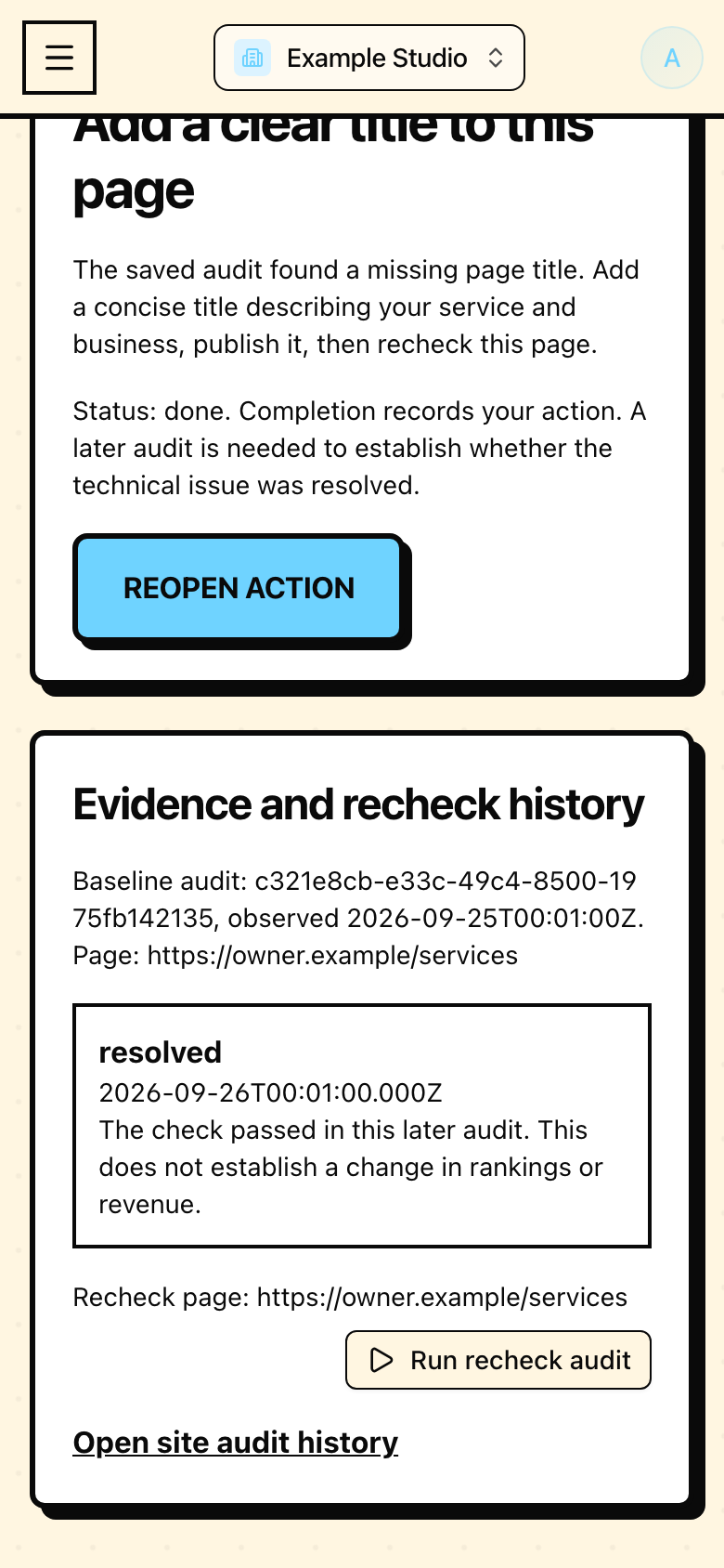 Recheck evidence in Mapseen's mobile interface, with sample data