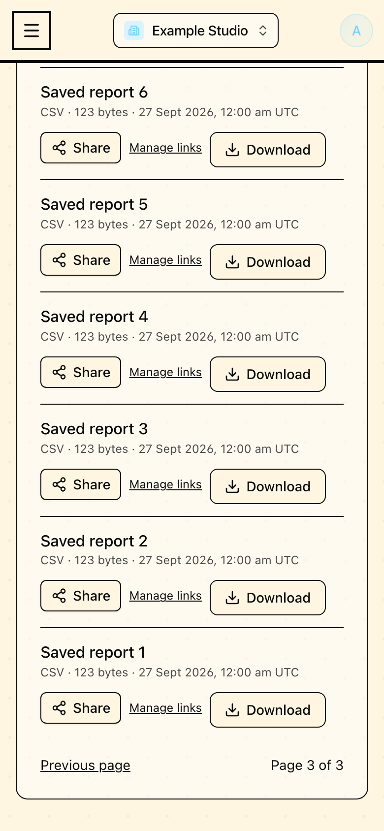 Older report pages in Mapseen's mobile interface, with sample data