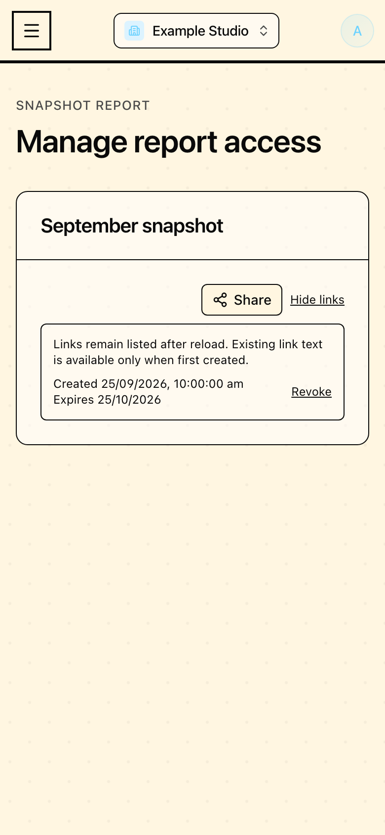 Saved share links in Mapseen's mobile interface, with sample data