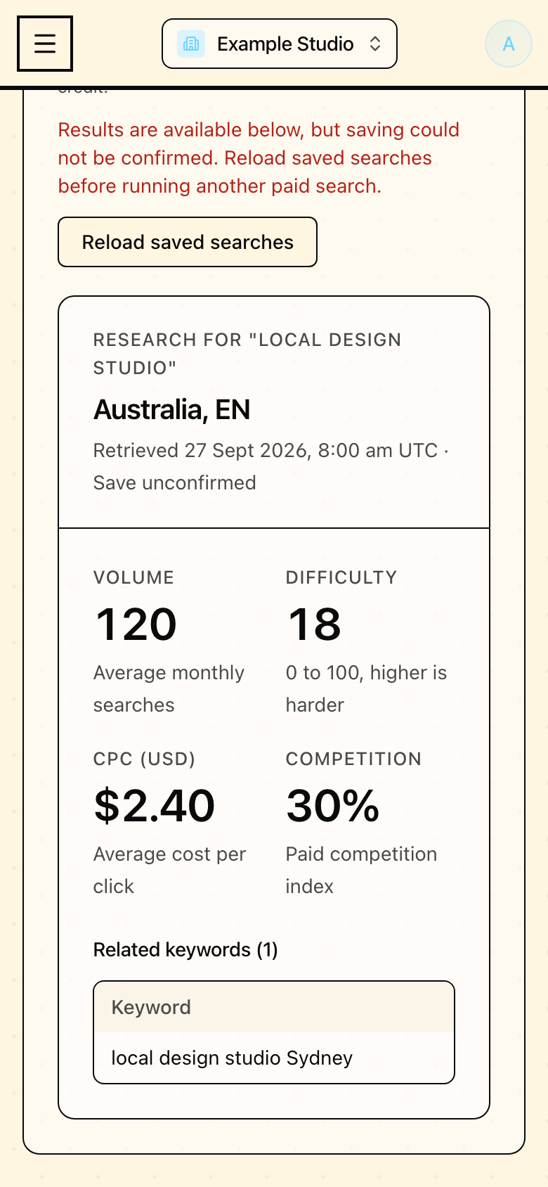 Unsaved research results in Mapseen's mobile interface, with sample data