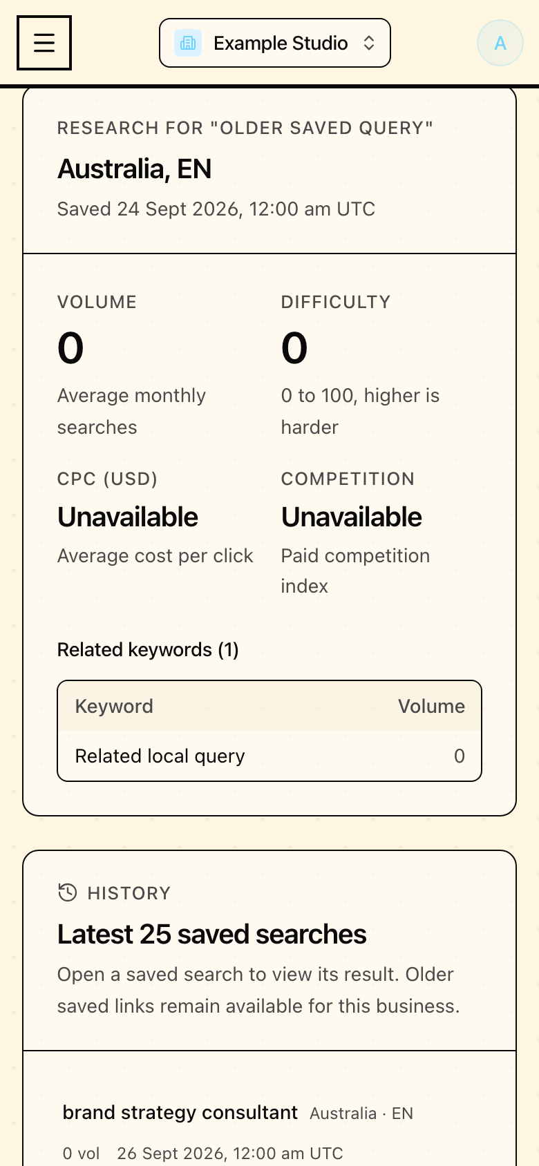 Older keyword research in Mapseen's mobile interface, with sample data